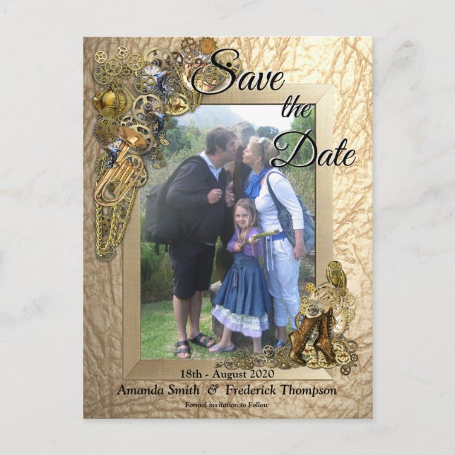 Steampunk på guldläder Save the Date Meddelande Vykort (Framsida)