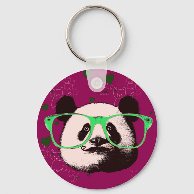 Steampunk Panda Bear in Glass with Mustache Nyckelring (Framsida)