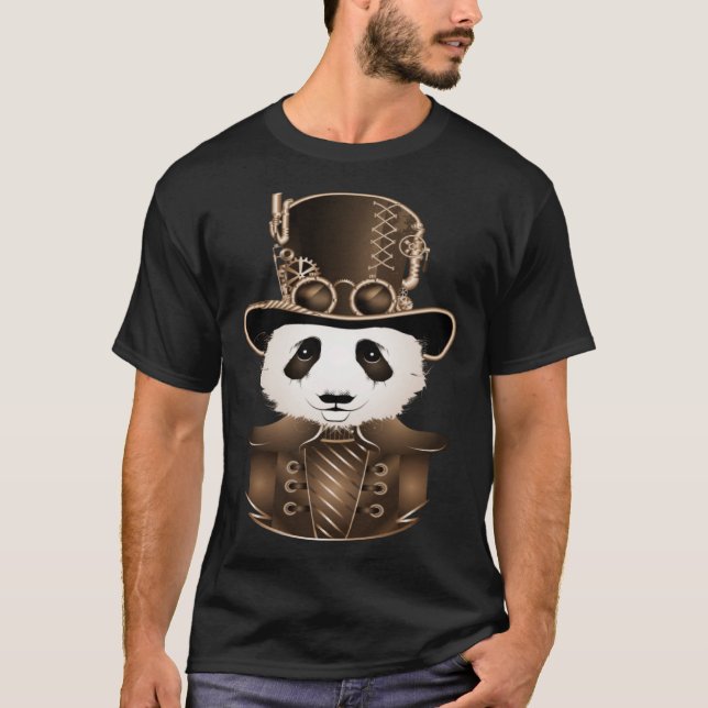 Steampunk Panda med Hat Antique-utseende T Shirt (Framsida)