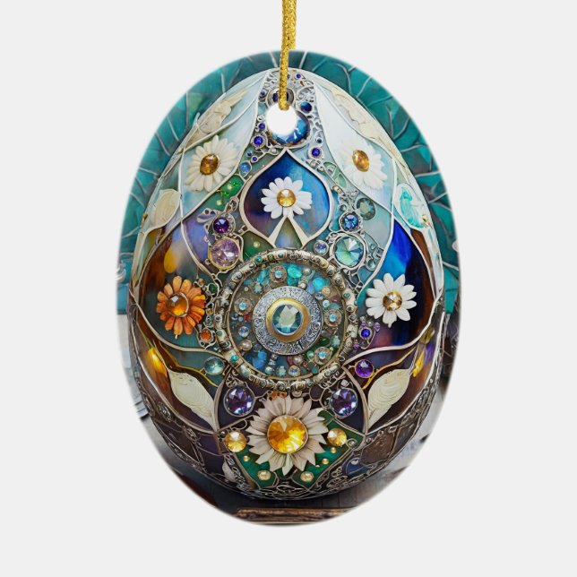 Steampunk Påsk Ornate Blue Egg Julgransprydnad Keramik (Framsidan)