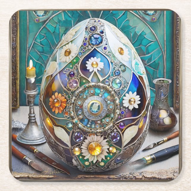 Steampunk Påsk Ornate Blue Egg Underlägg Papper Kvadrat (Framsidan)