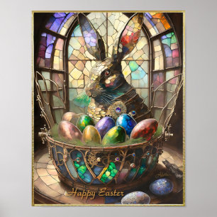 Steampunk Påskhare och färgade ägg i Basket Poster