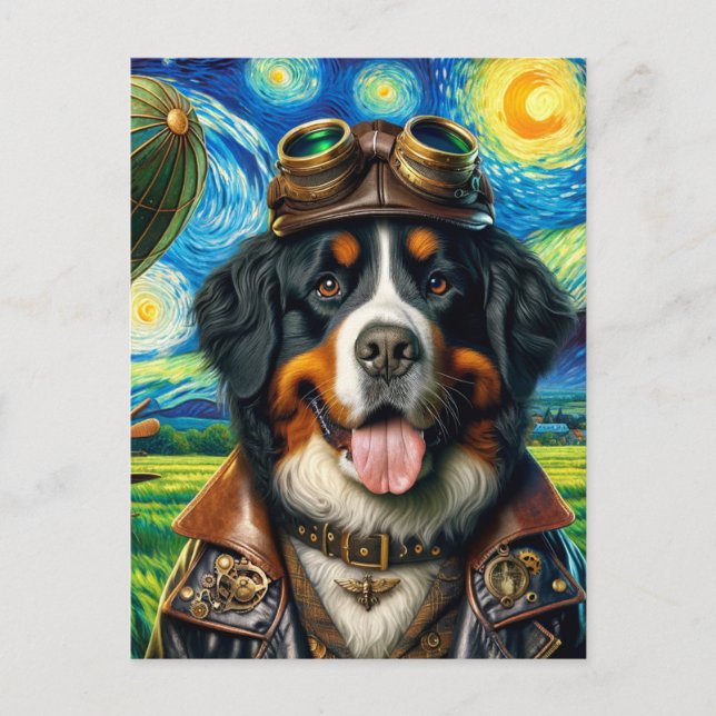 Steampunk Pilot Berner Sennenhund Van Gogh Vykort (Framsida)