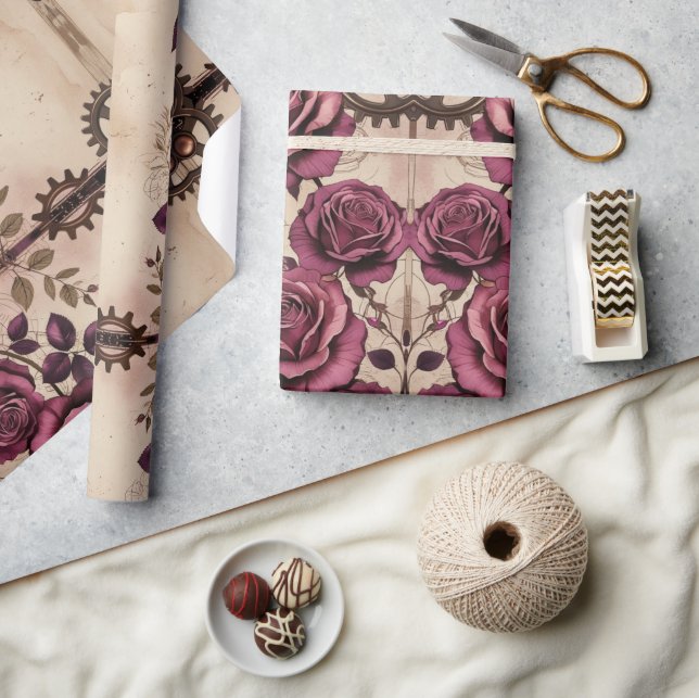 Steampunk Plum Roses & Gears Wrapping Paper Presentpapper (Hantverk)