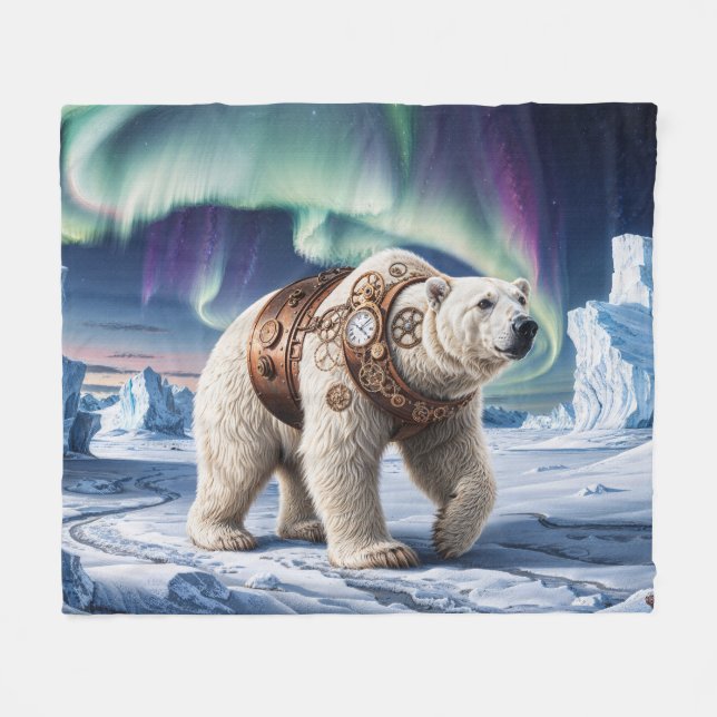 Steampunk Polar Bear and Aurora Art Fleecefilt (Framsidan (Horisontell))
