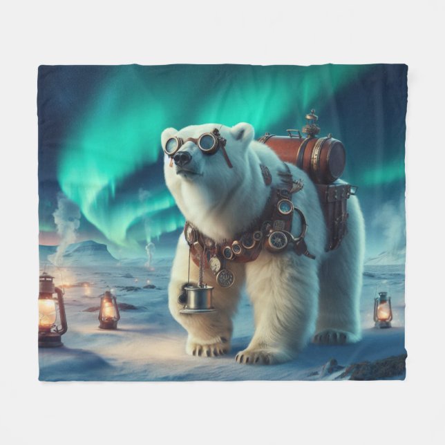 Steampunk Polar Bear and Aurora Art Fleecefilt (Framsidan (Horisontell))