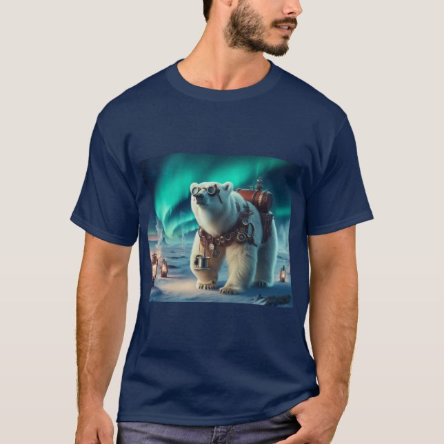 Steampunk Polar Bear and Aurora Art T Shirt (Framsida)