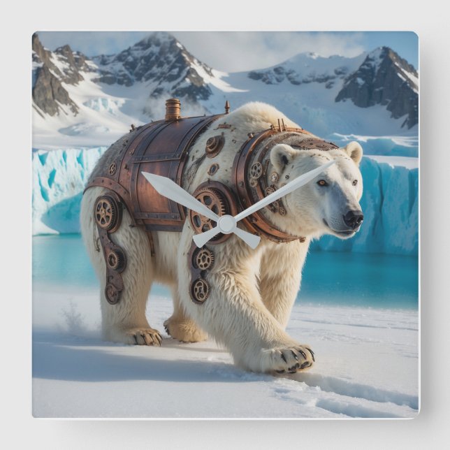 Steampunk Polar Bear Warrior Fyrkantig Klocka (Framsida)
