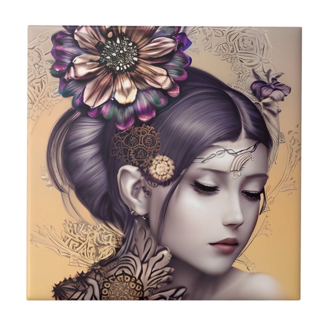 Steampunk Princess med Färgad Flower Kakelplatta (Framsidan)