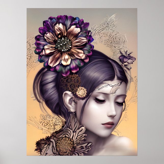 Steampunk Princess med Färgad Flower Poster (Framsidan)