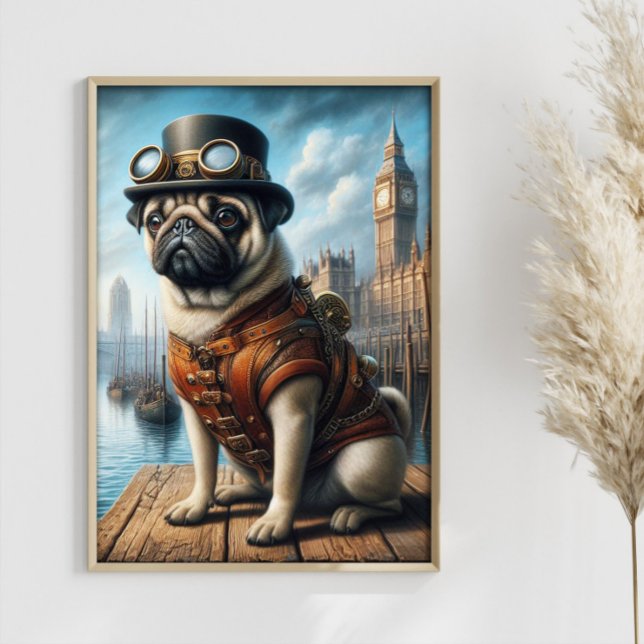 Steampunk Pug Surreal Art Old London Docks Poster (Skapare uppladdad)