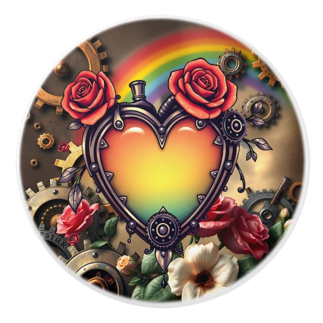 Steampunk Rainbow Heart and Gears Knopp (Framsidan)