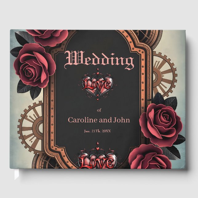 Steampunk Ram med Röd ros och växlar Gästböcker (Framsida)