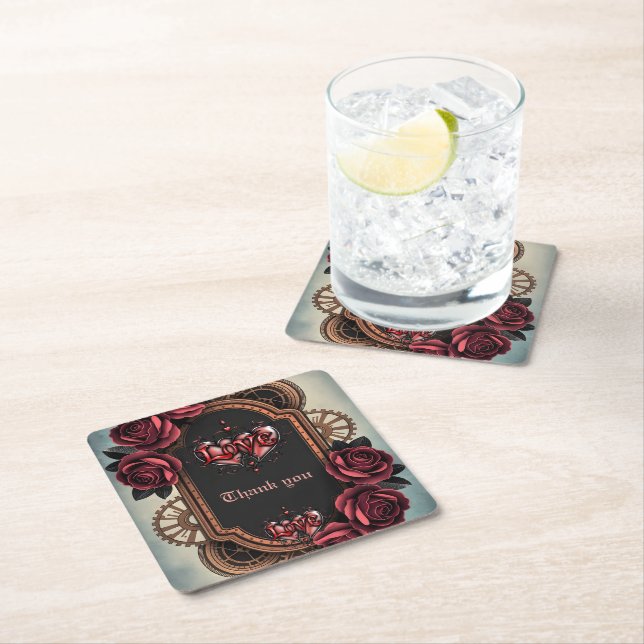 Steampunk Ram med Röd ros och växlar Underlägg Papper Kvadrat (Insitu)