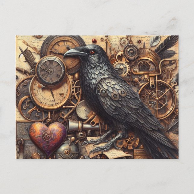Steampunk Raven Collage Vykort (Framsida)