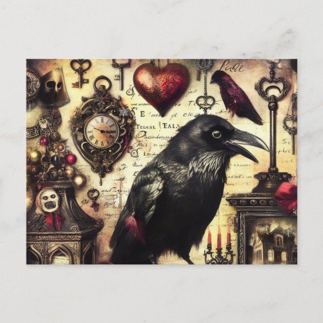 Steampunk Raven Horror Collage Vykort (Framsida)