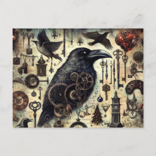 Steampunk Raven Poe Collage Vykort