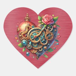 Steampunk Red Blue och Guld Heart Hjärtformat Klistermärke