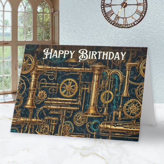 Steampunk Retro Metallkugghjul Glatt Födelsedag Kort (A Steampunk themed birthday card with metal cogs and pipes, and 'Happy Birthday' in retro letterin)