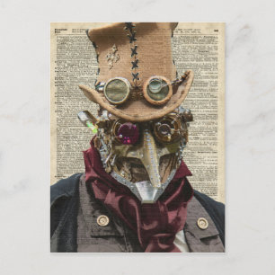 Steampunk Robot Collage over Old Dicionary Page Vykort