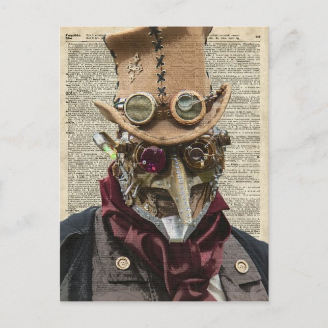 Steampunk Robot Collage over Old Dicionary Page Vykort (Framsida)
