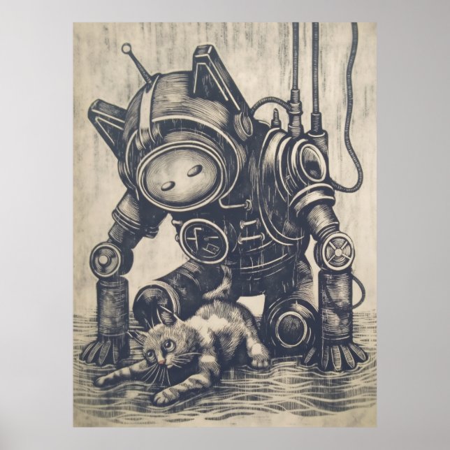 Steampunk Robot Linocut Poster (Framsidan)
