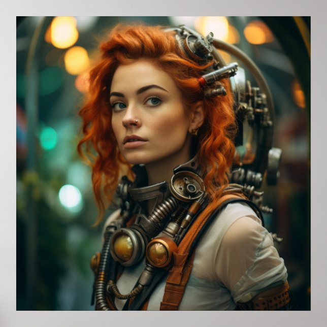 Steampunk Rödhårig Warrior Girl Poster (Framsidan)