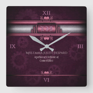 Steampunk, rosa hjärta och redskap, Monogram Fyrkantig Klocka