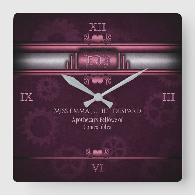 Steampunk, rosa hjärta och redskap, Monogram Fyrkantig Klocka (Framsida)