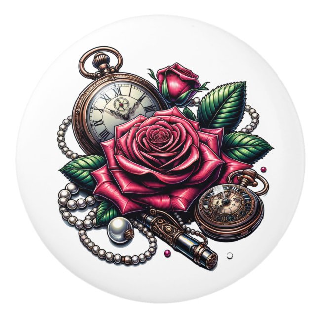 Steampunk Rose, Metal Key and Pocket Watch Knopp (Framsidan)