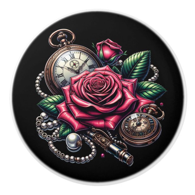 Steampunk Rose, Metal Key and Pocket Watch Knopp (Framsidan)
