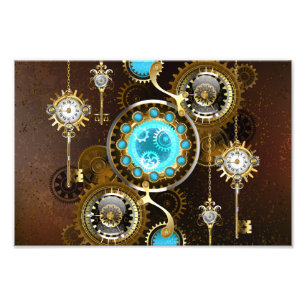 Steampunk Rostig Bakgrund med Turkos Linser Fototryck