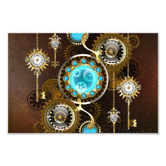 Steampunk Rostig Bakgrund med Turkos Linser Fototryck (Framsidan)