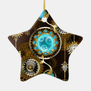 Steampunk Rostig Bakgrund med Turkos Linser Julgransprydnad Keramik