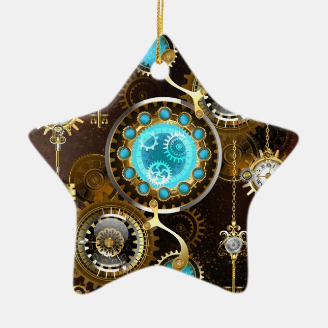 Steampunk Rostig Bakgrund med Turkos Linser Julgransprydnad Keramik (Framsidan)