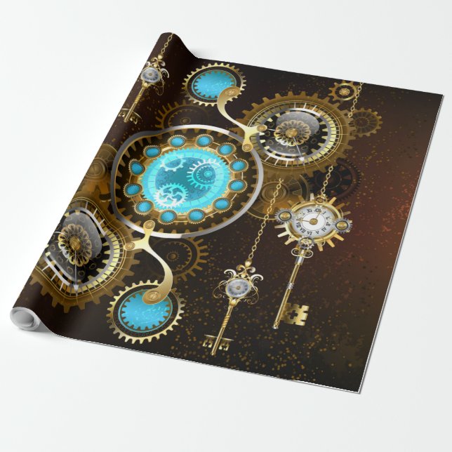 Steampunk Rostig Bakgrund med Turkos Linser Presentpapper (Utrullad)