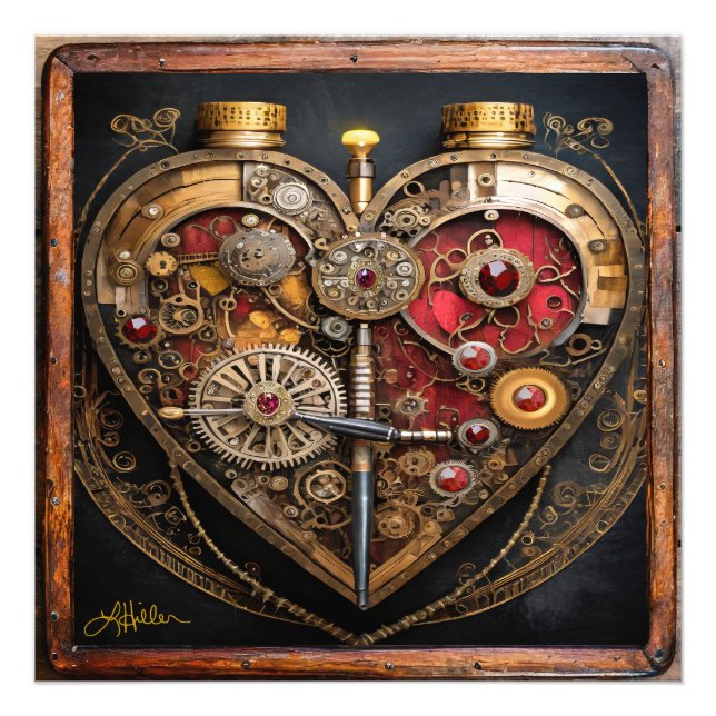 Steampunk Rubiner Och Kugghjul Mörkt Hjärta  Fototryck (Framsidan)