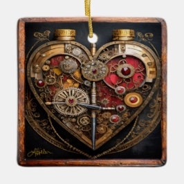 Steampunk Rubiner Och Kugghjul Mörkt Hjärta Julgransprydnad Keramik