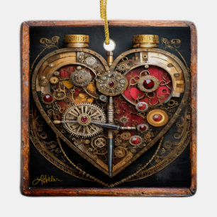 Steampunk Rubiner Och Kugghjul Mörkt Hjärta Julgransprydnad Keramik
