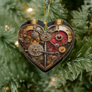 Steampunk Rubiner Och Kugghjul Mörkt Hjärta Julgransprydnad Keramik