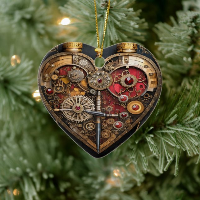 Steampunk Rubiner Och Kugghjul Mörkt Hjärta  Julgransprydnad Keramik (Träd)