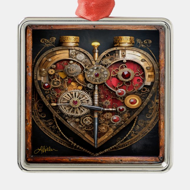 Steampunk Rubiner Och Kugghjul Mörkt Hjärta  Julgransprydnad Metall (Framsidan)