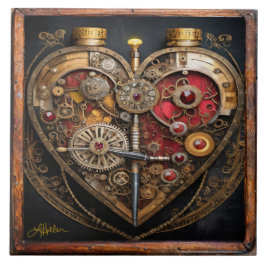 Steampunk Rubiner Och Kugghjul Mörkt Hjärta Kakelplatta