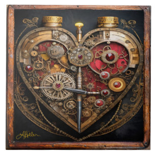 Steampunk Rubiner Och Kugghjul Mörkt Hjärta Kakelplatta