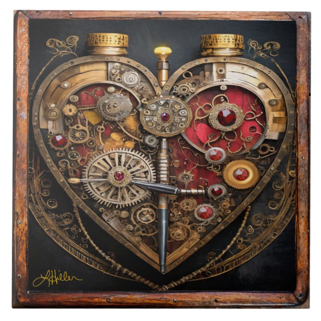 Steampunk Rubiner Och Kugghjul Mörkt Hjärta  Kakelplatta (Framsidan)