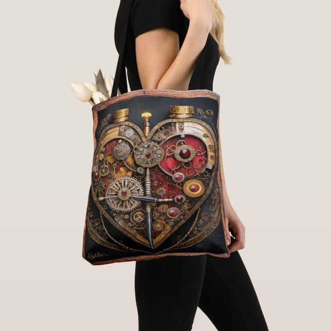 Steampunk Rubiner Och Kugghjul Mörkt Hjärta  Tygkasse (Närbild)