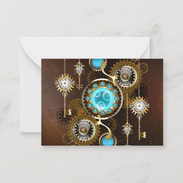 Steampunk Rusty Background med Turquise Lenses Anteckningskort (Framsida)