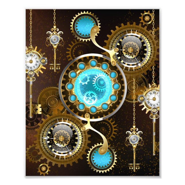 Steampunk Rusty Background med Turquise Lenses Fototryck (Framsidan)