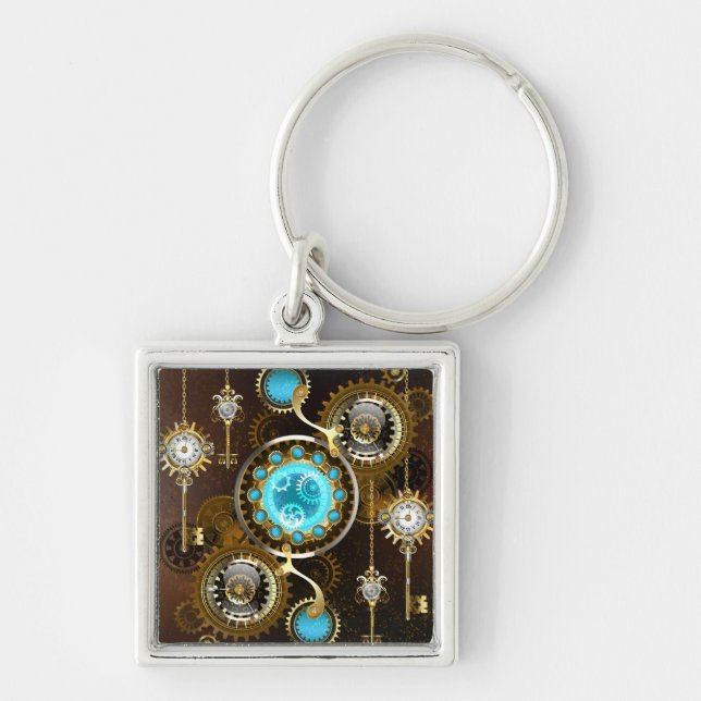 Steampunk Rusty Background med Turquise Lenses Fyrkantig Silverfärgad Nyckelring (Framsidan)