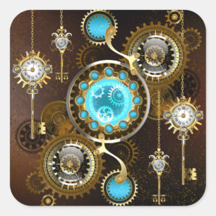 Steampunk Rusty Background med Turquise Lenses Fyrkantigt Klistermärke